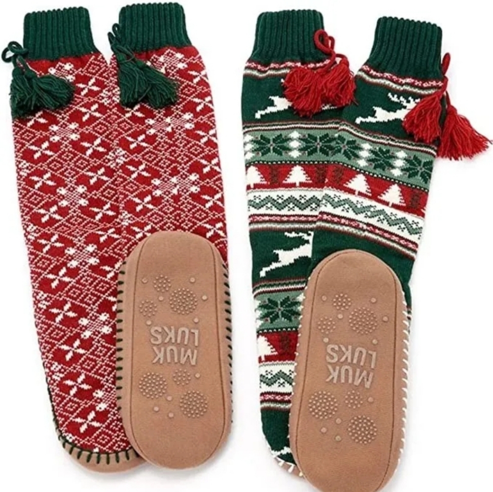 MUK LUKS Christmas Slipper Socks 2 pack, sz. 8.5-11